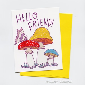 Mushroom Friend Card, Mushrooms Card, Hello Friend card, I love you card, miss you card, thinking of you card, Moth card, Butterfly Card