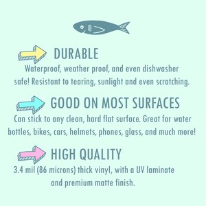 May include: A graphic with three arrows pointing right, each with a different color. The text "DURABLE" is above the yellow arrow, "GOOD ON MOST SURFACES" is above the blue arrow, and "HIGH QUALITY" is above the pink arrow. The text below the arrows describes the features of the product. The text says "Waterproof, weather proof, and even dishwasher safe! Resistant to tearing, sunlight and even scratching."  "Can stick to any clean, hard flat surface. Great for water bottles, bikes, cars, helmets, phones, glass, and much more!"  "3.4 mil (86 microns) thick vinyl, with a UV laminate and premium matte finish."