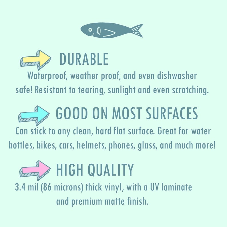 May include: A graphic with three arrows pointing right, each with a different color. The text "DURABLE" is above the yellow arrow, "GOOD ON MOST SURFACES" is above the blue arrow, and "HIGH QUALITY" is above the pink arrow. The text below the arrows describes the features of the product. The text says "Waterproof, weather proof, and even dishwasher safe! Resistant to tearing, sunlight and even scratching."  "Can stick to any clean, hard flat surface. Great for water bottles, bikes, cars, helmets, phones, glass, and much more!"  "3.4 mil (86 microns) thick vinyl, with a UV laminate and premium matte finish."