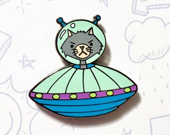 Alien Cat, UFO Spaceship Enamel Pin