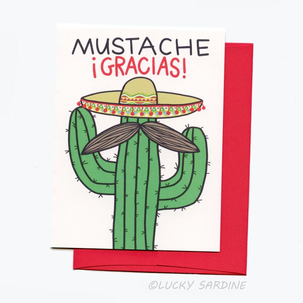 Cacti thank you card, Mustache Gracias card, Thank you card, Cactus card, Mustache card