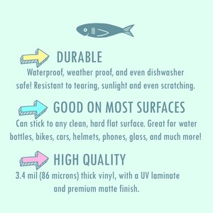 May include: A graphic illustration of a fish with a yellow, blue, and pink arrow pointing to the text "Durable", "Good on Most Surfaces", and "High Quality". The text describes the features of a durable, high-quality sticker that can be applied to most surfaces.