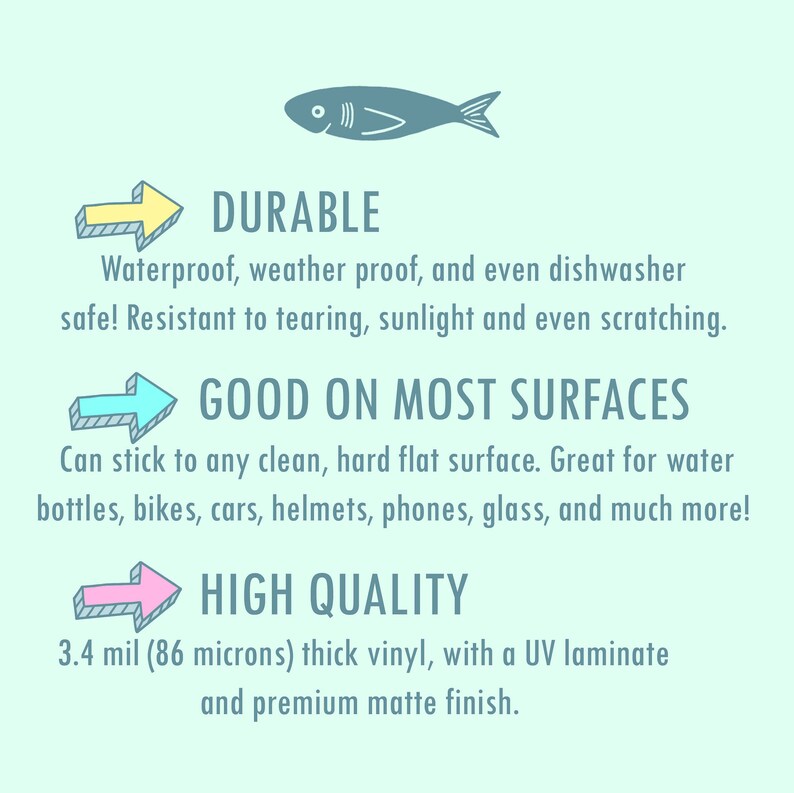May include: A graphic illustration of a fish with a yellow, blue, and pink arrow pointing to the text "Durable", "Good on Most Surfaces", and "High Quality". The text describes the features of a durable, high-quality sticker that can be applied to most surfaces.