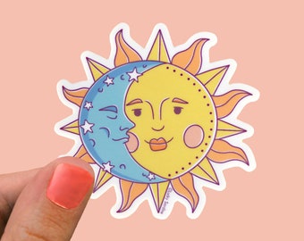 Sun & Moon Vinyl Sticker, Sun Sticker, Sunshine Decal, Moon Sticker, Celestial Sun Sticker, Cosmic Sticker