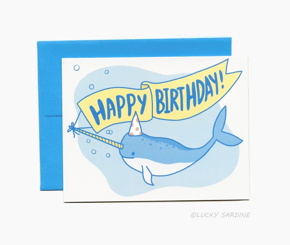 Narwhal Birthday Card, Cute Narwhal Card, Happy Birthday Card, Unicorn ...