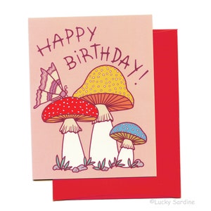 Toadstool birthday card, Moth Butterfly card, Happy Birthday card, Mushroom card