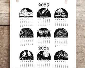 2023-2024 School Year at a Glance Nature Themed Calendar Download 4 sizes, Black and white hand-drawn one page year at a glance calendar