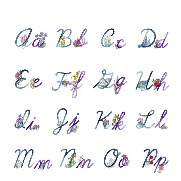 Cursive Floral Watercolor Alphabet Print