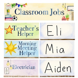 Digitale download voor opdrachten in de klas; Klussen in de klas met aquarel; Zakkaart Klassikale banen; Vacatures in de kleuterklas; Leraar basisonderwijs
