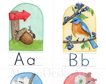 Watercolor Alphabet Digital Download, Classroom Nature Themed Alphabet, Alphabet poster, Hand-painted watercolor alphabet