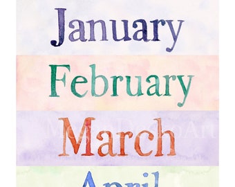 Watercolor Pastel Month Printable, Pocket Chart Calendar Months, School Calendar Printable Months