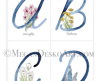 Digital Download Full Cursive Alphabet Cards and Print, Watercolor Floral Alphabet Handwriting Cards