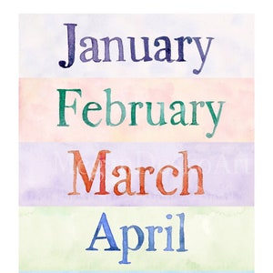 Aquarel pastelmaand afdrukbaar, zakgrafiek kalendermaanden, schoolkalender afdrukbare maanden