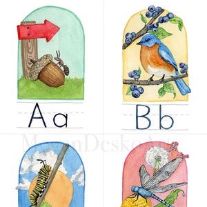 Watercolor Alphabet Digital Download, Classroom Nature Themed Alphabet, Alphabet poster, Hand-painted watercolor alphabet