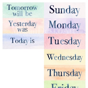 Tarjetas de acuarela imprimibles con los días de la semana; gráfico de bolsillo con los días de la semana, tarjetas de colores Waldorf con los días de la semana, calendario imprimible