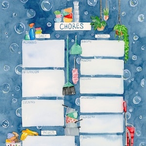 Printable Watercolor Chore Chart; Family Chore Chart; Chore Organization Printable