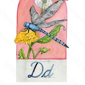 May include: Watercolor illustration of a blue dragonfly perched on a yellow dandelion, with a white dandelion puff and green leaves. The background is a pink arch shape. The letter "Dd" is written in blue script at the bottom.