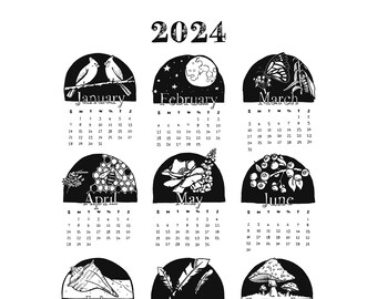 2024 Year at a Glance Nature Themed Calendar Download 4 sizes, Black and white hand-drawn one page year at a glance calendar