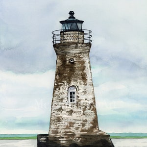 Cockspur Island Lighthouse in Savannah Georgia Watercolor Print, Tybee Island Lighthouse, Fort Pulaski, Savannah River