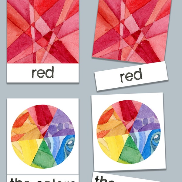 Digital Download 3 part Color Cards, Three Part Montessori Color Cards, Color Learning Resource, Watercolor Color Flashcards