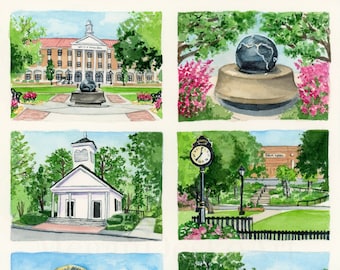 University of Mobile Watercolor Print, Mobile Alabama Art