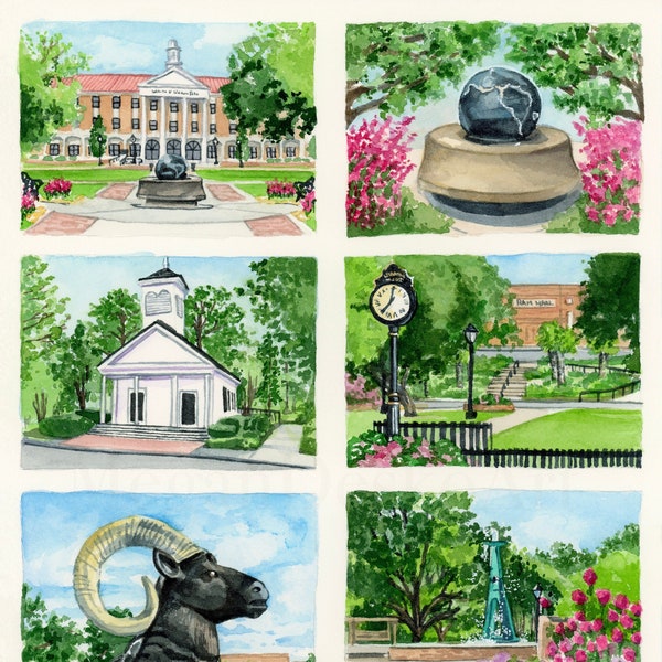 University of Mobile Watercolor Print, Mobile Alabama Art