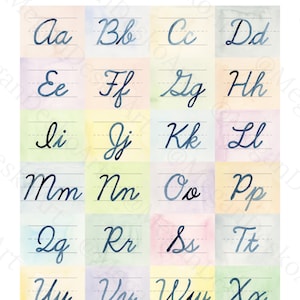 Cursive Pastel Alphabet Download - cards and posters; Watercolor hand painted classroom printable decor