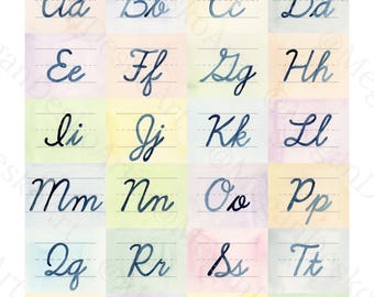 Cursive Pastel Alphabet Download - cards and posters; Watercolor hand painted classroom printable decor