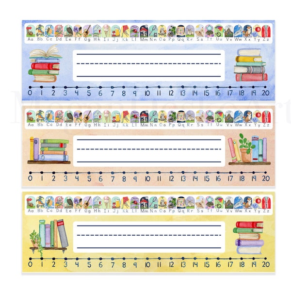 Watercolor Student Desk Name Plate Digital Download; Book themed Desk Name Strip with Alphabet and number line; Elementary school desk strip