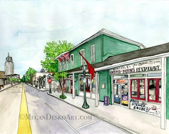 Dauphin Street Alabama Wintzel's Oyster House Watercolor Pen and Ink Print, Mobile Alabama Watercolor cityscape