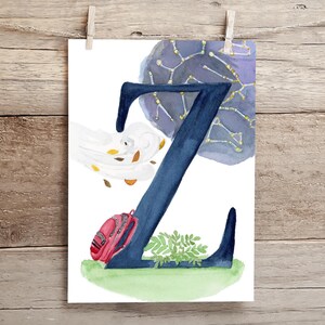 Letter Z Adventure in the Woods Watercolor Print, Letter Z initial art, Nature Themed Alphabet Watercolor Print