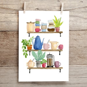 Digital Printable Coffee Shelf Watercolor and Gouache Print, Coffee lovers gift, Coffee Still-life, Watercolor Coffee mug painting