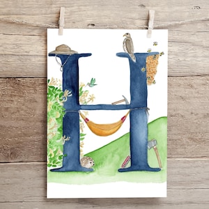 Letter H Adventure in the Woods Watercolor Print, Letter H initial art, Nature Themed Alphabet Watercolor Print