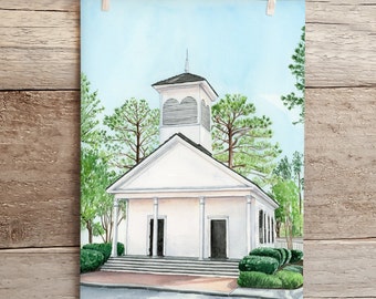 Lyon Chapel Watercolor Print, Mobile Alabama Art, Historic Church Art, University of Mobile Art