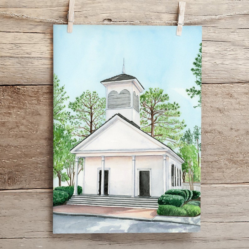 May include: Watercolor painting of a white church with a steeple and a bell tower. The church is surrounded by green trees and bushes. The church has a white door and windows. The painting is done in a realistic style.