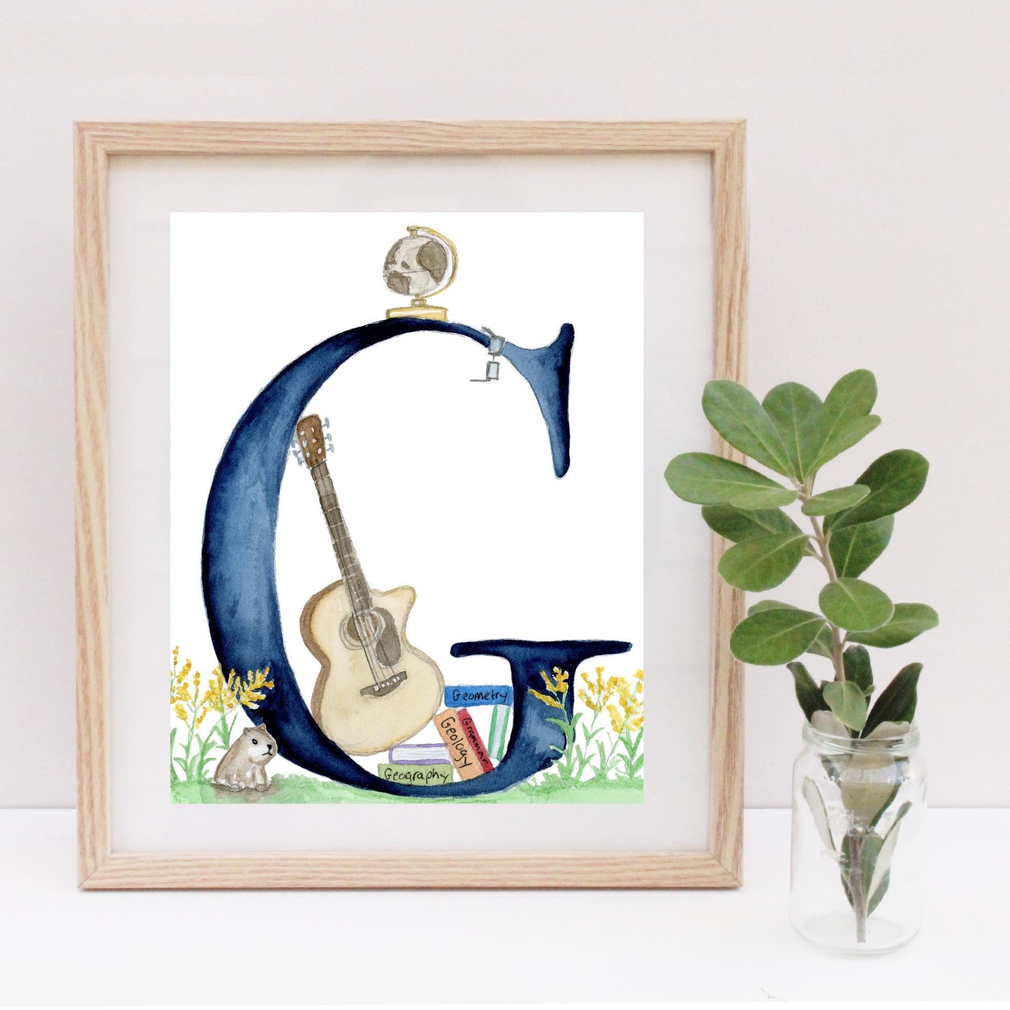 Letter G Adventure in the Woods Watercolor Print, Letter G Initial