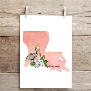 Louisiana Brown Pelican and Magnolia State Silhouette Watercolor Print