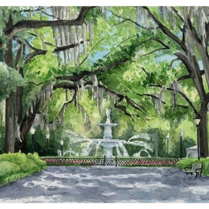 Forsyth Park Watercolor Print, Forsyth Fountain Painting, Downtown Savannah Watercolor, Downtown Watercolor, Live Oak Watercolor