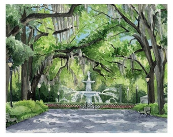 Forsyth Park Watercolor Print, Forsyth Fountain Painting, Downtown Savannah Watercolor, Downtown Watercolor, Live Oak Watercolor