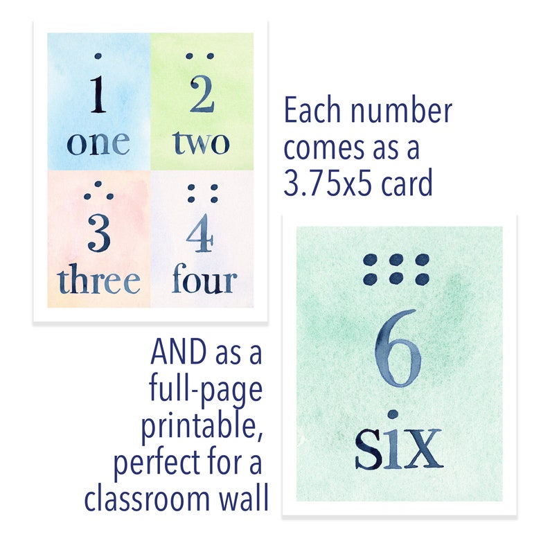 May include: A set of watercolor number cards featuring the numbers 1 through 6. Each card has a different color and features the number and the word for the number. The cards are 3.75 inches by 5 inches. The text on the cards reads: "1 one, 2 two, 3 three, 4 four, 6 six".