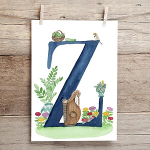 Letter Z Teatime in the Garden Watercolor Print, Letter Z initial art, Nature Themed Alphabet Watercolor Print