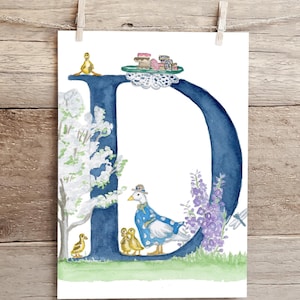Letter D Teatime in the Garden Watercolor Print, Whimsical Letter D initial art, Nature Themed Alphabet Watercolor Print