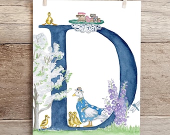 Letter D Teatime in the Garden Watercolor Print, Whimsical Letter D initial art, Nature Themed Alphabet Watercolor Print