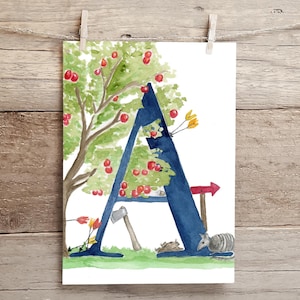 Letter A Adventure in the Woods Watercolor Print, Letter A initial art, Nature Themed Alphabet Watercolor Print