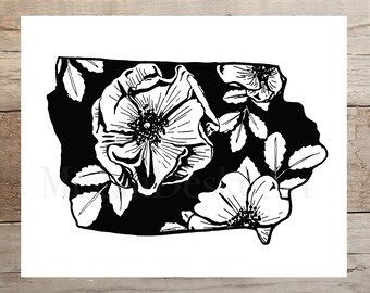 Iowa Wild Rose State Flower Silhouette Print