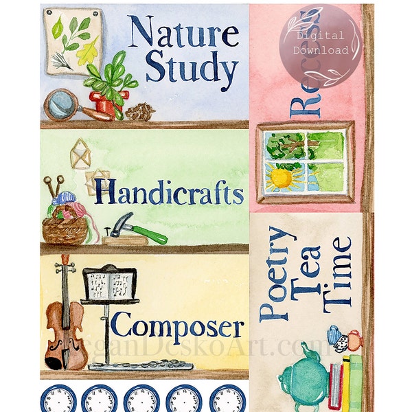 Watercolor Daily Rhythm Note Cards, Homeschool picture schedule, Charlotte Mason Homeschool Planning Subject Cards