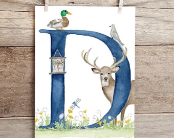 Letter D Adventure in the Woods Watercolor Print, Letter D initial art, Nature Themed Alphabet Watercolor Print