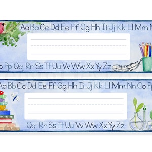 Nature themed watercolor Student Desk Name Plate Digital Download; Elementary school desk strip; print and cursive alphabet desk reference