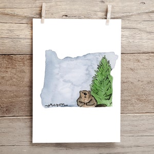 Oregon beaver and Douglas fir state Silhouette Watercolor Print