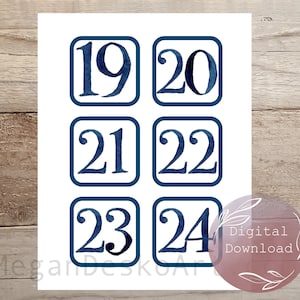 Digital Download Indigo Watercolor Calendar Numbers 3x3 Squares Numbers 1-31 Birthday and Holiday Symbols